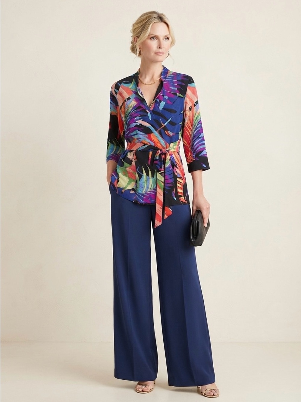 Natori NEW Multi Tropical Floral Print M Top V Neck Belt Tunic Blouse Boho Crepe